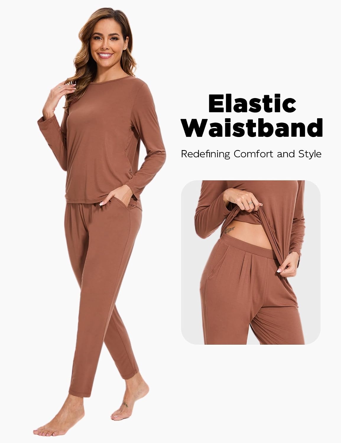 image:imageGYS Bamboo Viscose Women Pajama Sets Long Sleeve Crew Neck Lounge Set with PocketsCherry Mahogany