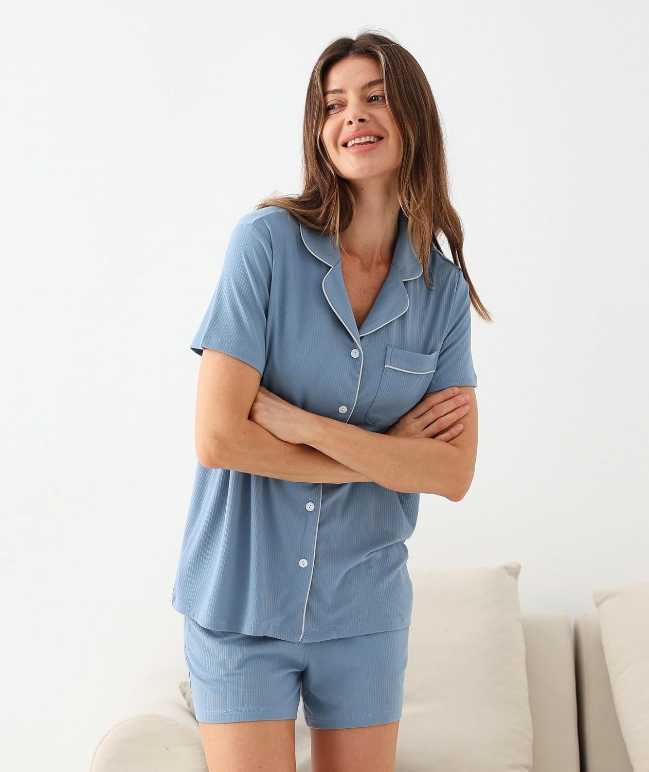 image:imageGYS Womens Bamboo Viscose Button Down Pajama Set Cooling for Hot FlashesGrayish Blue