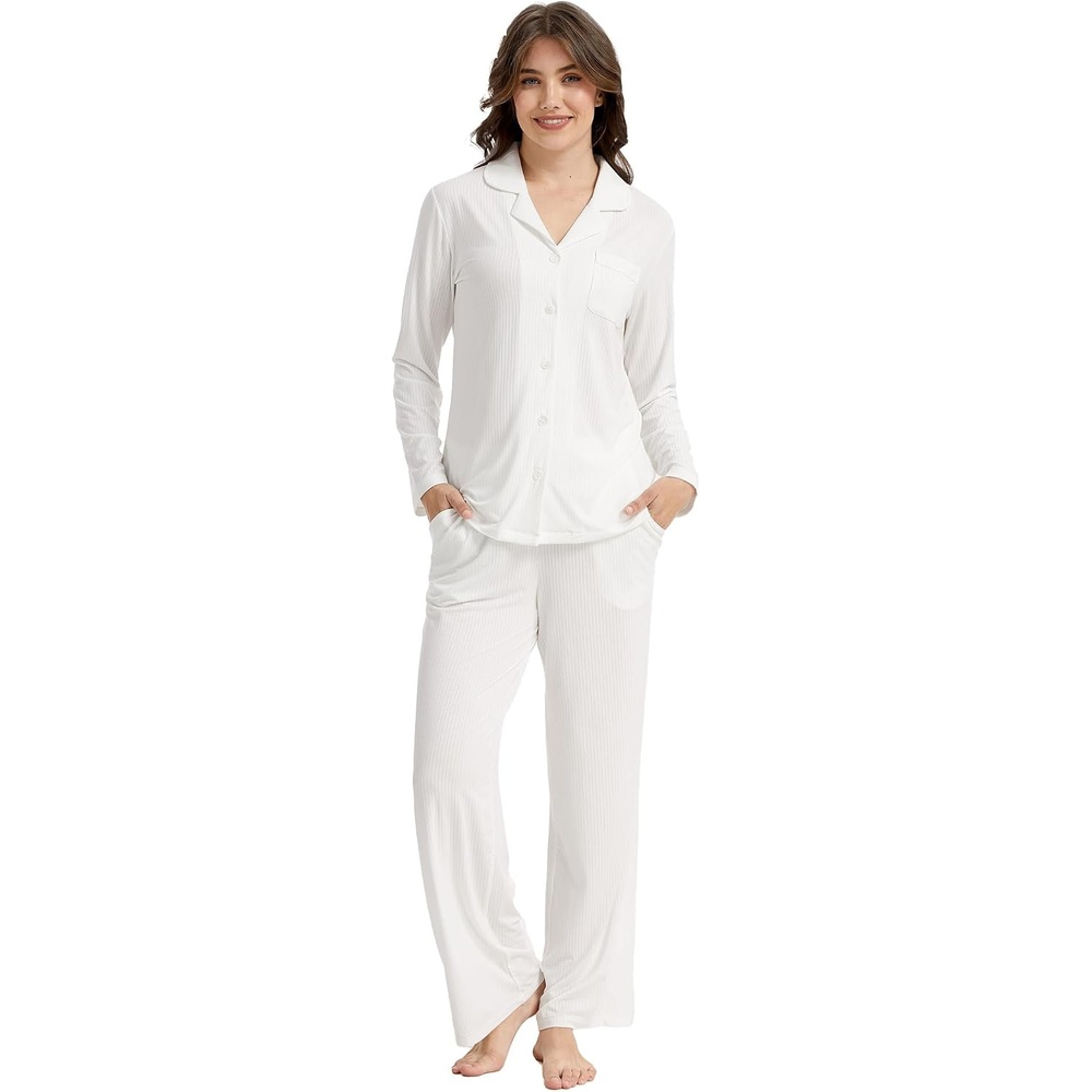 image:imageGYS Bamboo Viscose Pajama Sets for Women Lightweight Long Sleeve SleepwearWhite