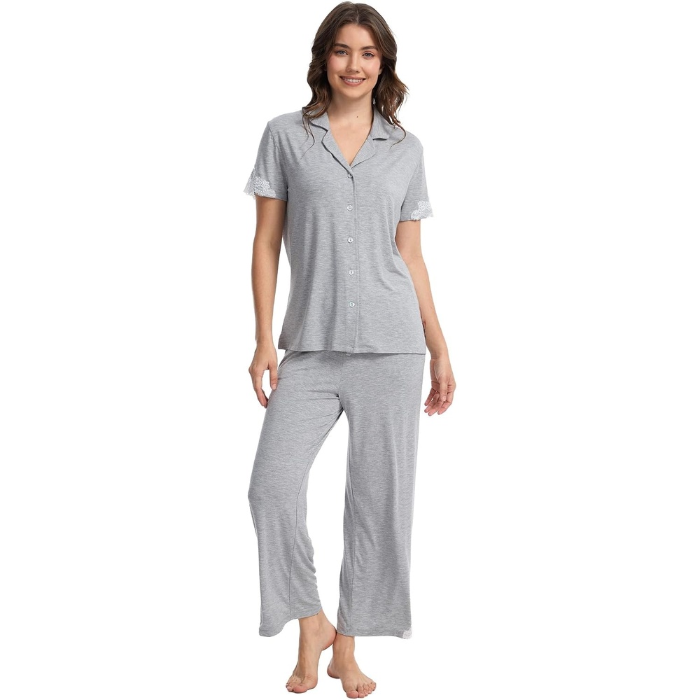 image:imageGYS Bamboo Viscose Pajamas for Women Set Short Sleeve Button Down SleepwearLight Heather Grey