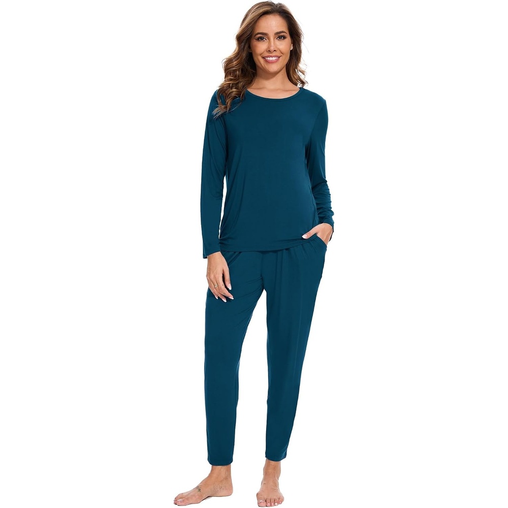 image:imageGYS Bamboo Viscose Women Pajama Sets Long Sleeve Crew Neck Lounge Set with PocketsInk Blue