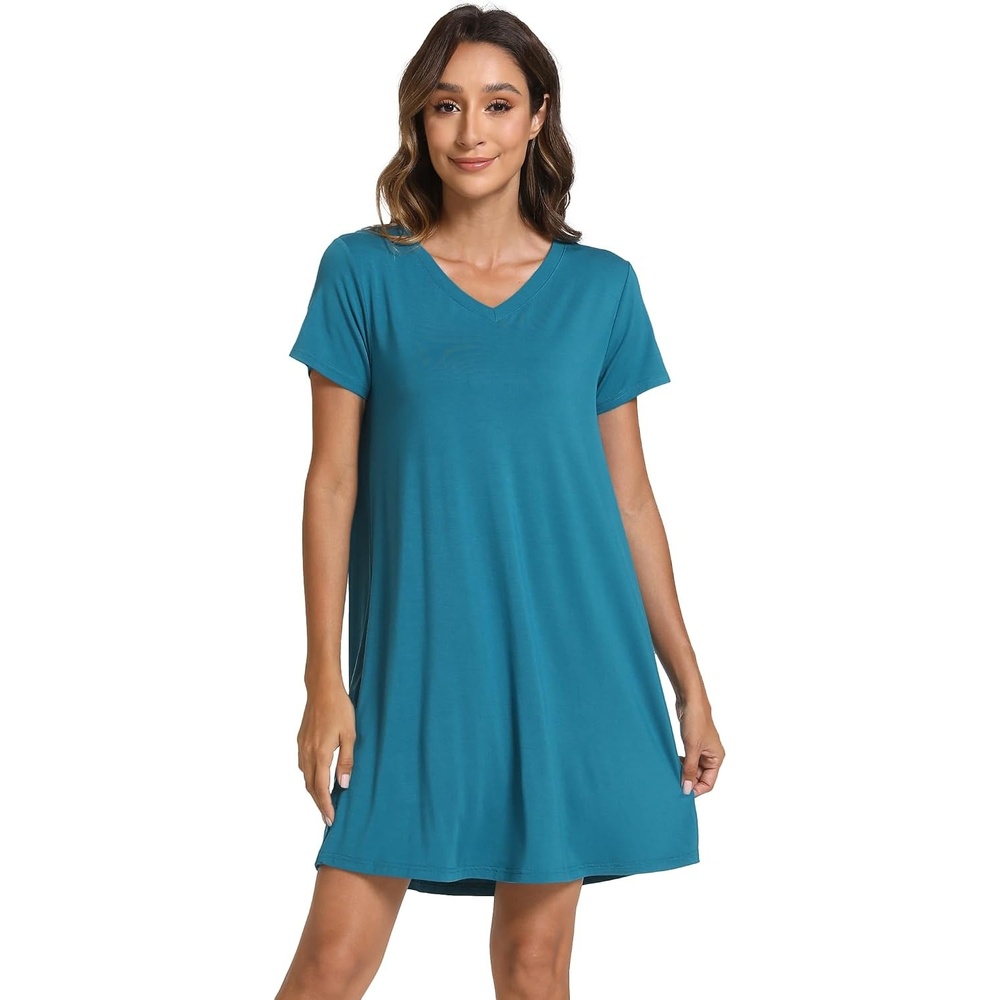 image:imageGYS Womens Bamboo Viscose Cooling Short Sleeve Nightgown for Hot FlashesTeal Blue
