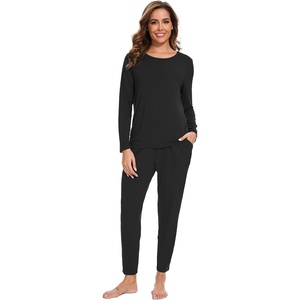 GYS Bamboo Viscose Women Pajama Sets Long Sleeve Crew Neck Lounge Set with Pockets(Black)